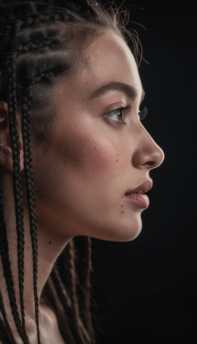Dramatic profile portrait of a woman with braids in hard side light, the hardest face swap angle, generated on FluxoKit