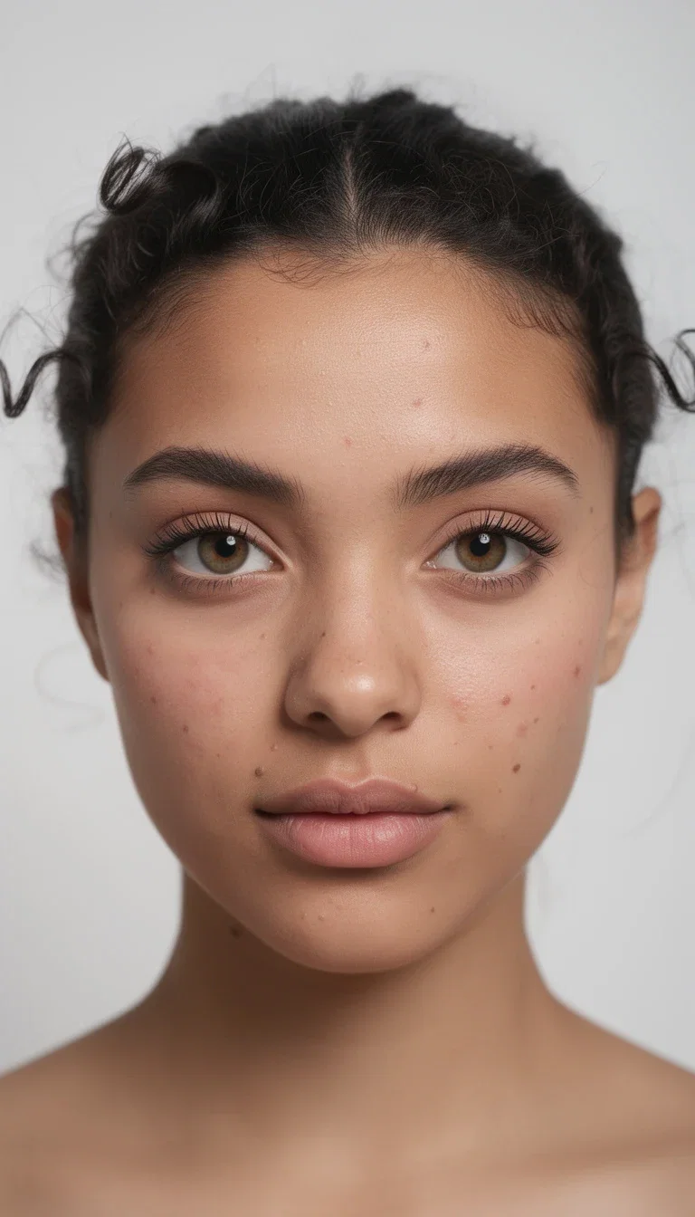 Clean frontal casting headshot of a young woman with curly hair pulled back, the ideal face swap source photo, generated on FluxoKit