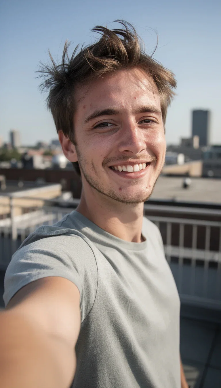 Rooftop selfie of a smiling young man in sunlight, a typical face swap target frame, generated on FluxoKit