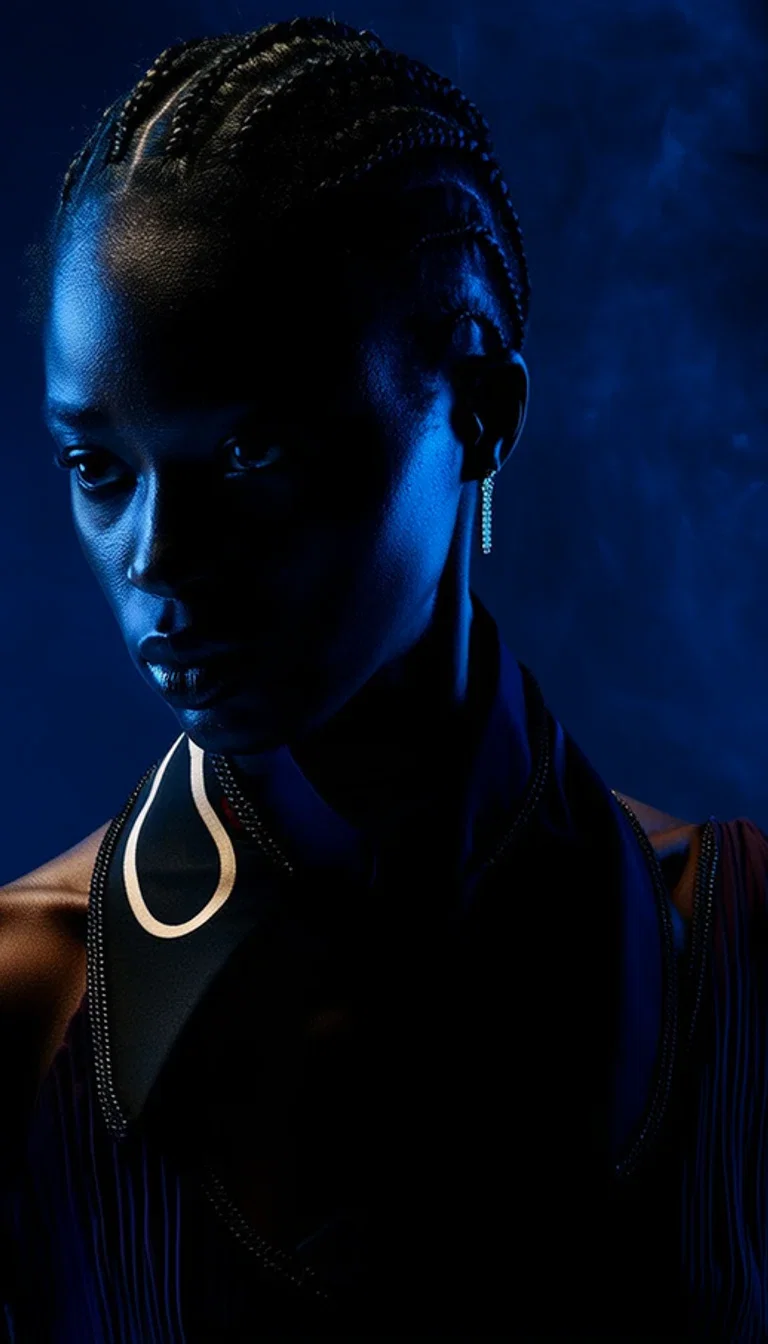 Low-key editorial portrait of a model with cornrows and a gold necklace in blue studio smoke, generated with Higgsfield Soul on FluxoKit