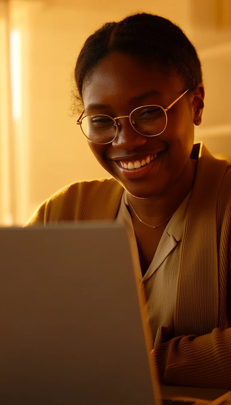 Smiling creator in round glasses working at a laptop in warm evening light, generated with Higgsfield Soul on FluxoKit