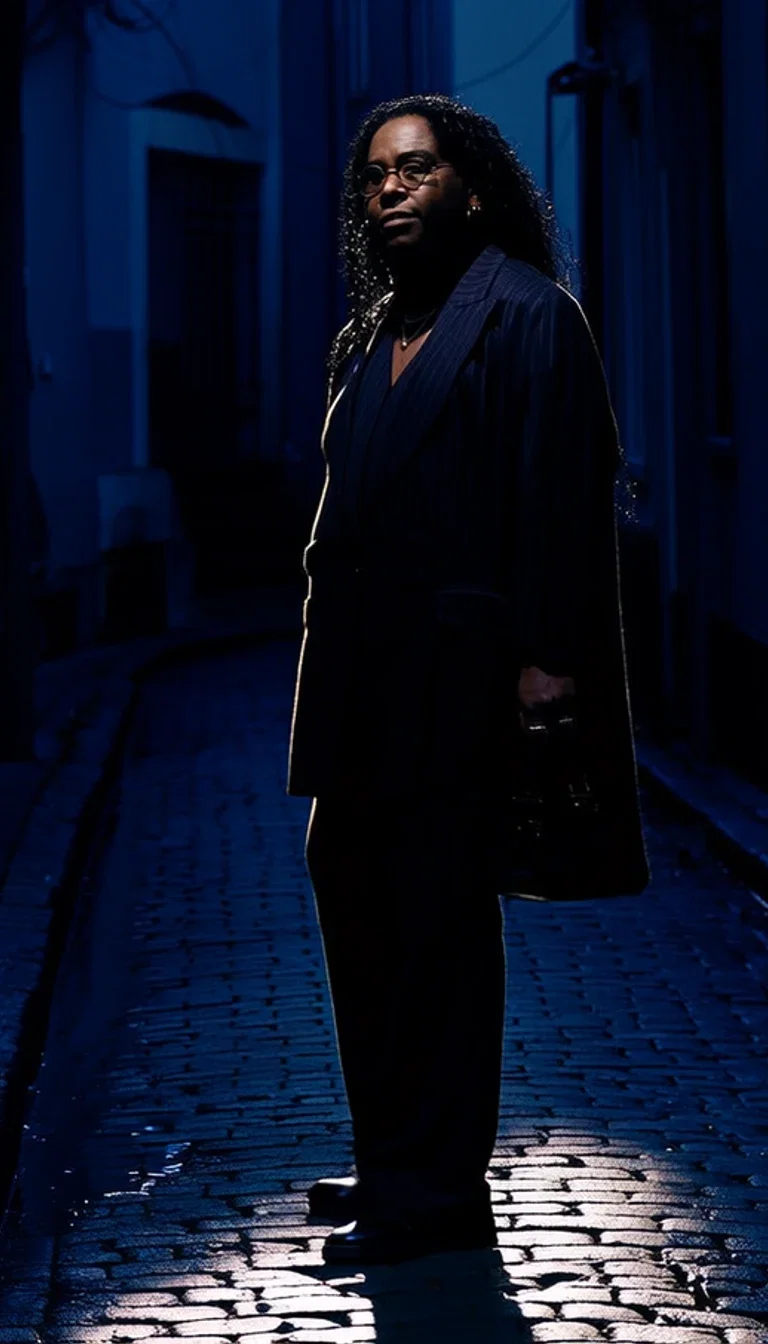 Woman in a pinstripe coat standing in a midnight-blue cobblestone backstreet under one pool of light, generated with Higgsfield Soul on FluxoKit