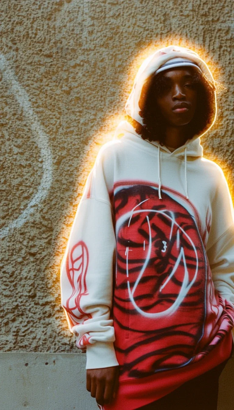Streetwear lookbook portrait of a model in an airbrushed hoodie against a graffiti wall in golden light, generated with Higgsfield Soul on FluxoKit