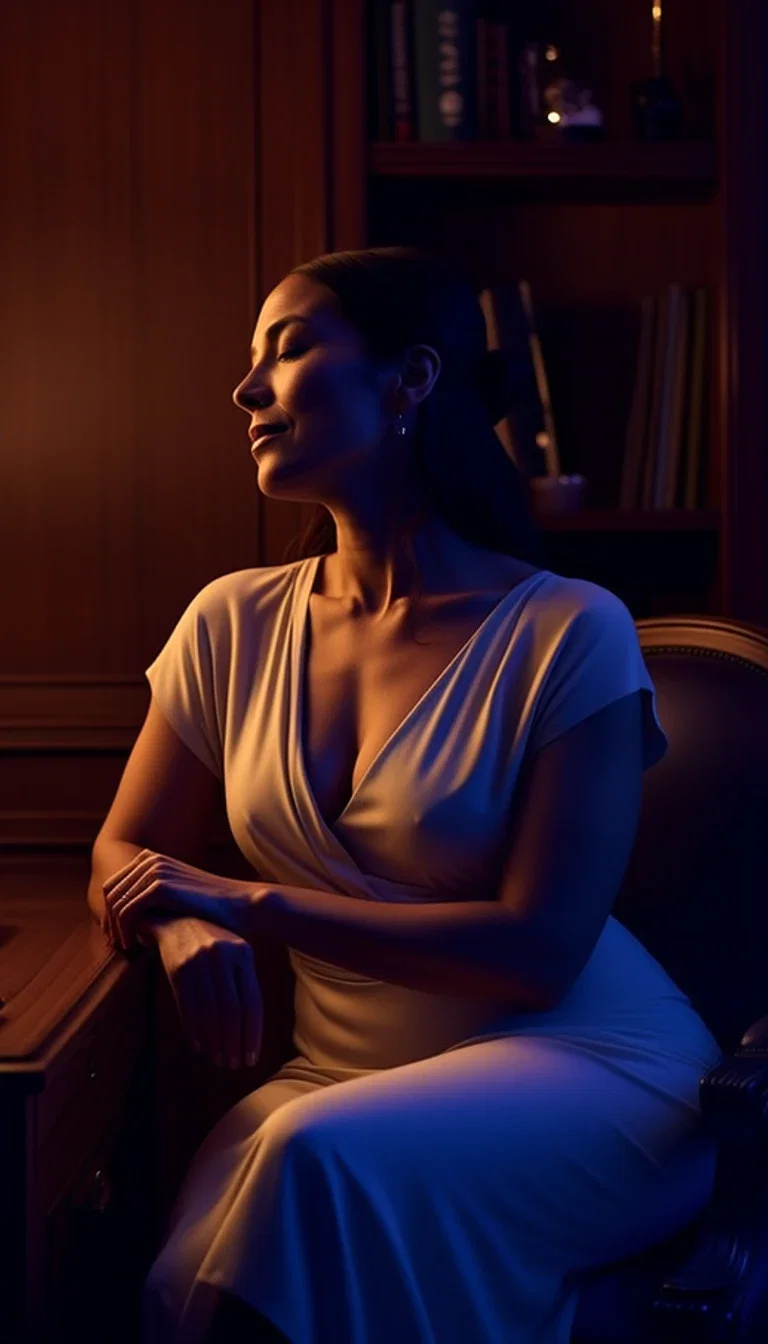 Woman in a white dress listening to vinyl records by lamplight in a wood-paneled study, generated with Higgsfield Soul on FluxoKit
