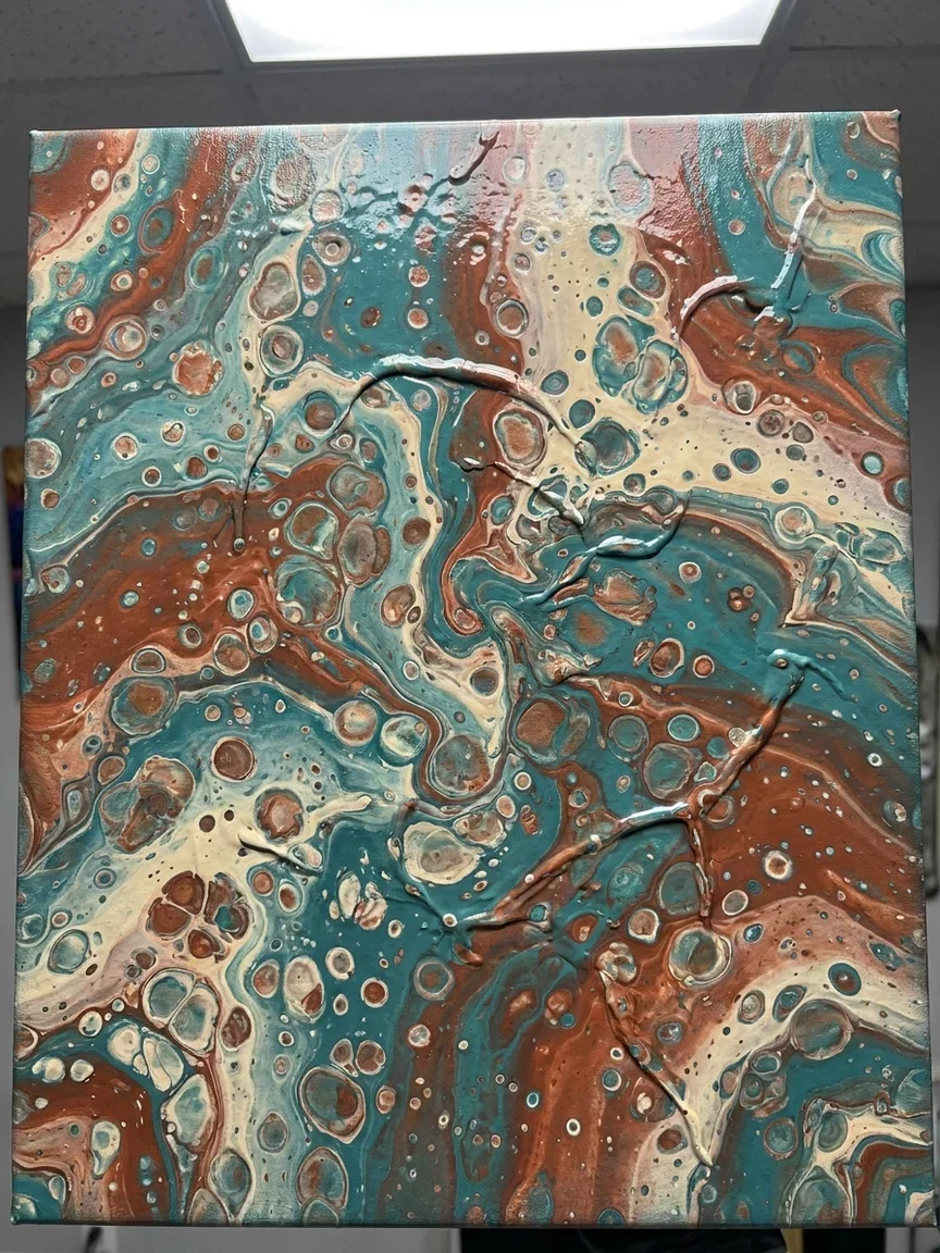 Abstract acrylic pour painting with teal and rust cells, an input example for the Image Describer on FluxoKit