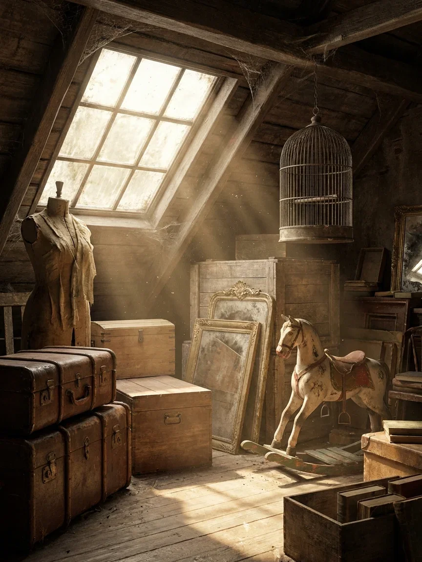 Cluttered attic with mannequin, trunks, birdcage and rocking horse in window light, an input example for the Image Describer on FluxoKit