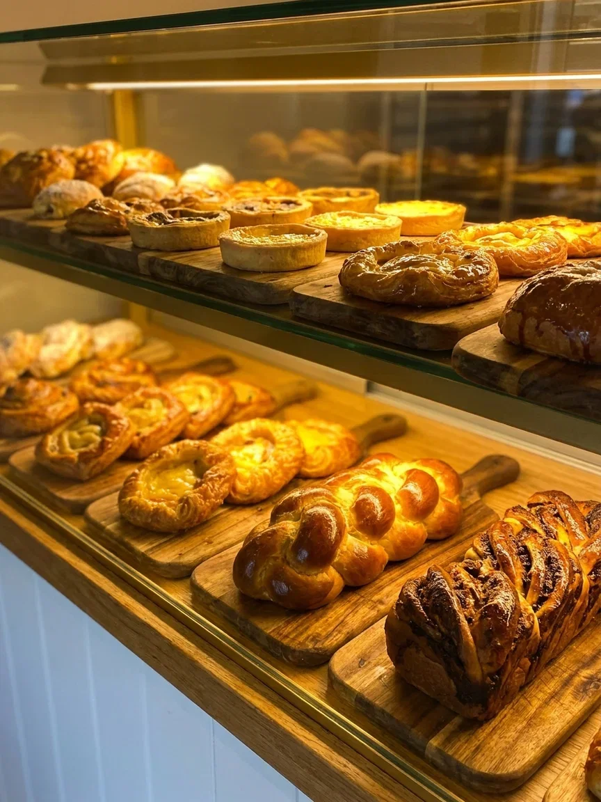 Bakery case of pastries and braided loaves, an input example for the Image Describer on FluxoKit