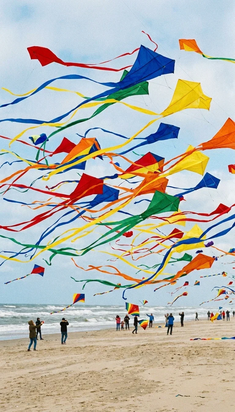 Colorful kites over a windy beach, an input example for the Image Describer on FluxoKit