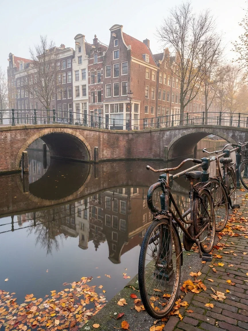 Canal houses reflected in still morning water, an input example for the Image Describer on FluxoKit