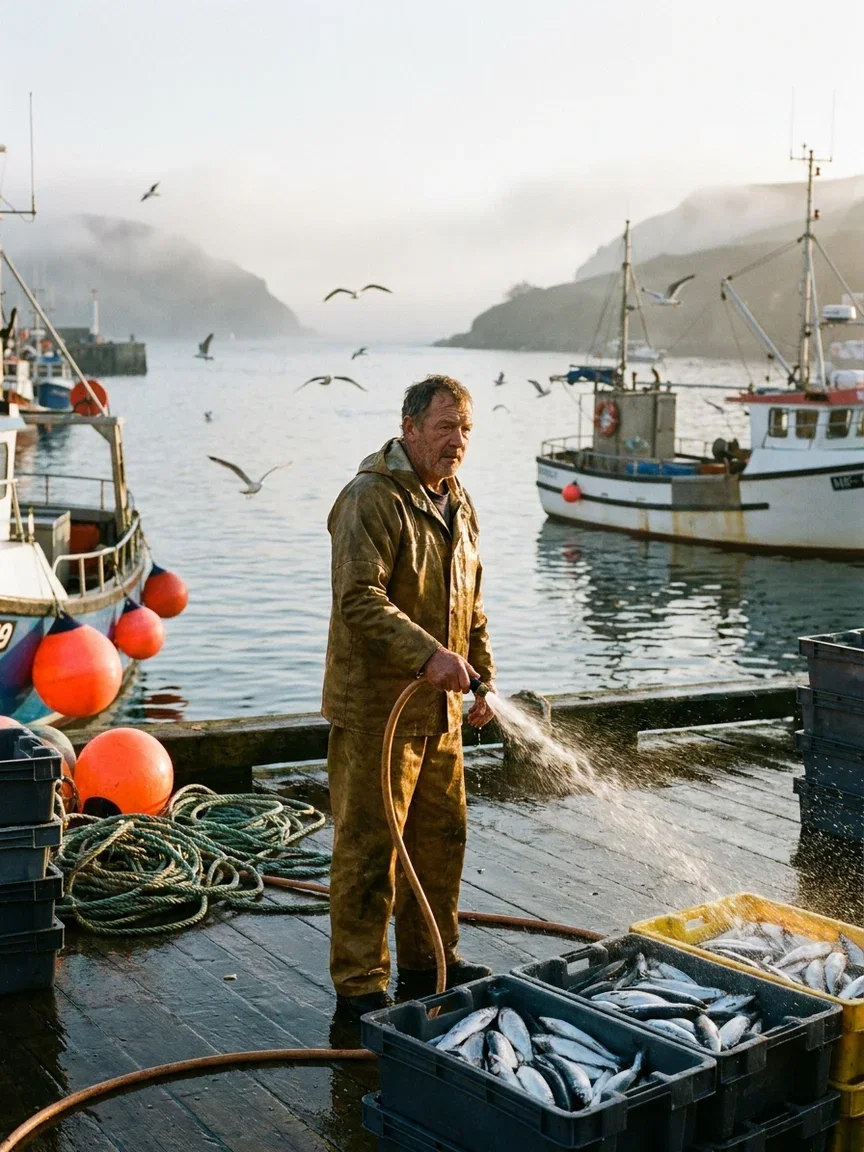 Fisherman hosing the dock at a misty dawn harbor with fish crates and buoys, the image described by the tool on FluxoKit