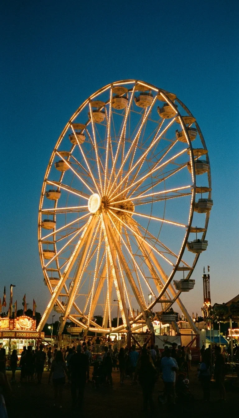 Ferris wheel glowing at dusk over a summer fair, an input example for the Image Describer on FluxoKit