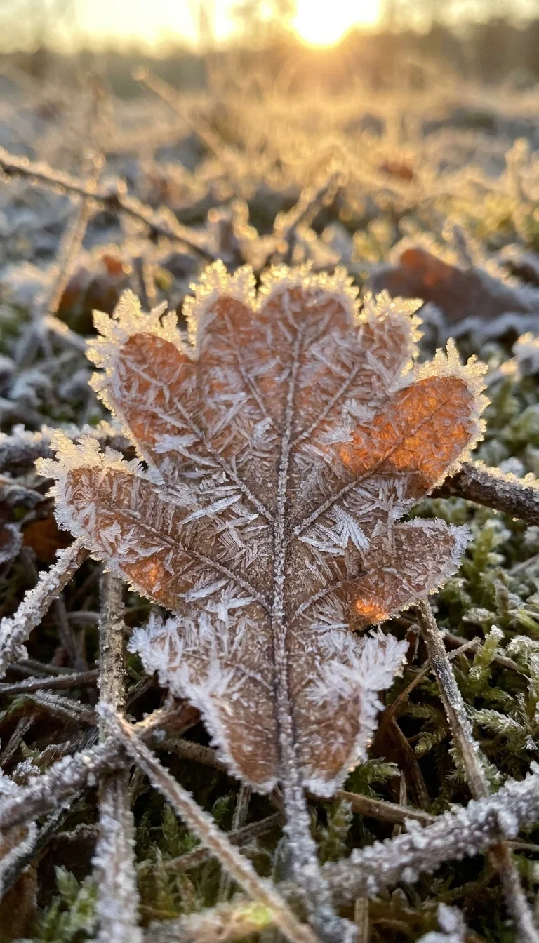 Frost crystals feathering across a fallen oak leaf, an input example for the Image Describer on FluxoKit