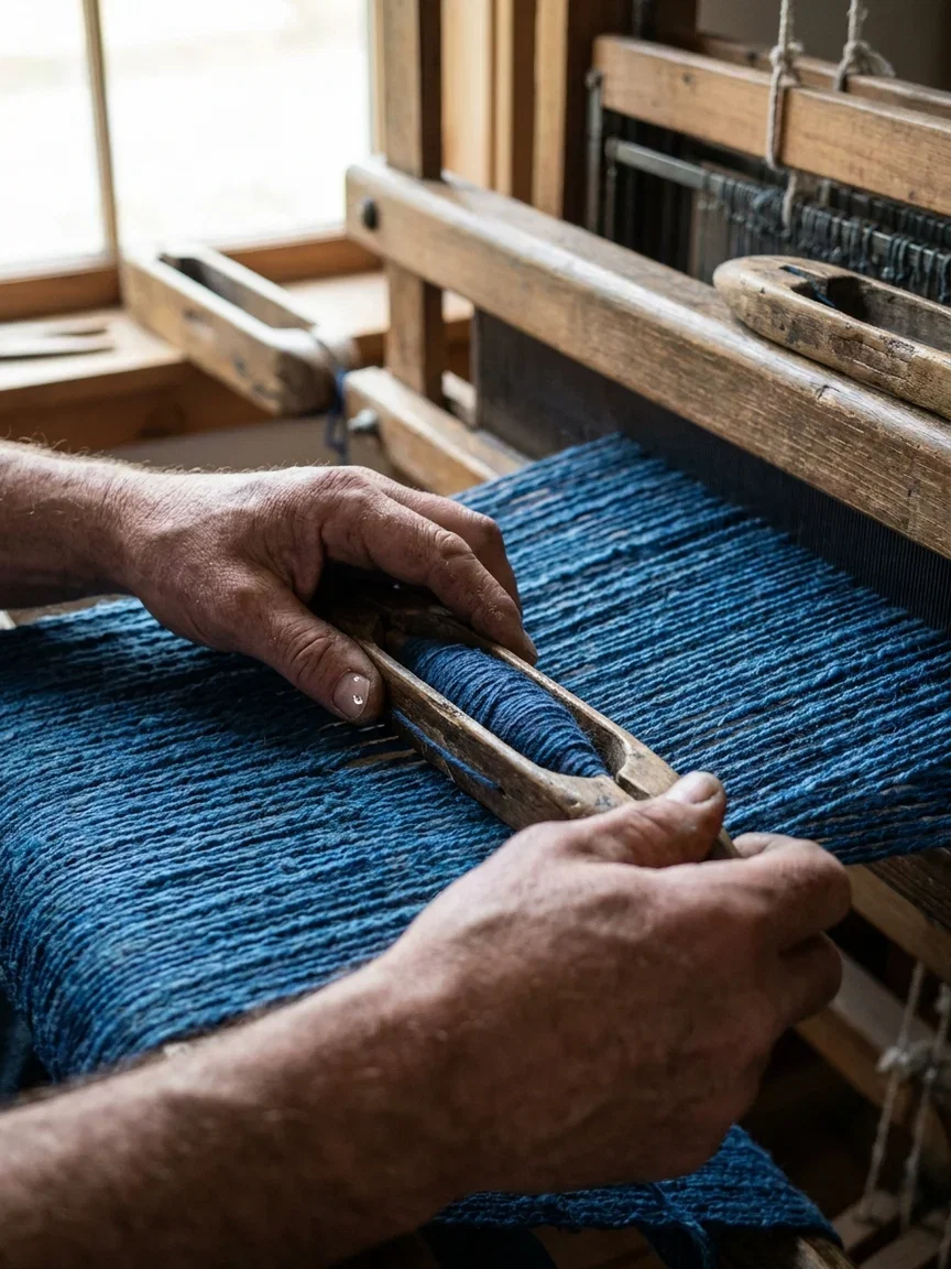 Weaver's hands passing a shuttle through indigo threads on a loom, an input example for the Image Describer on FluxoKit