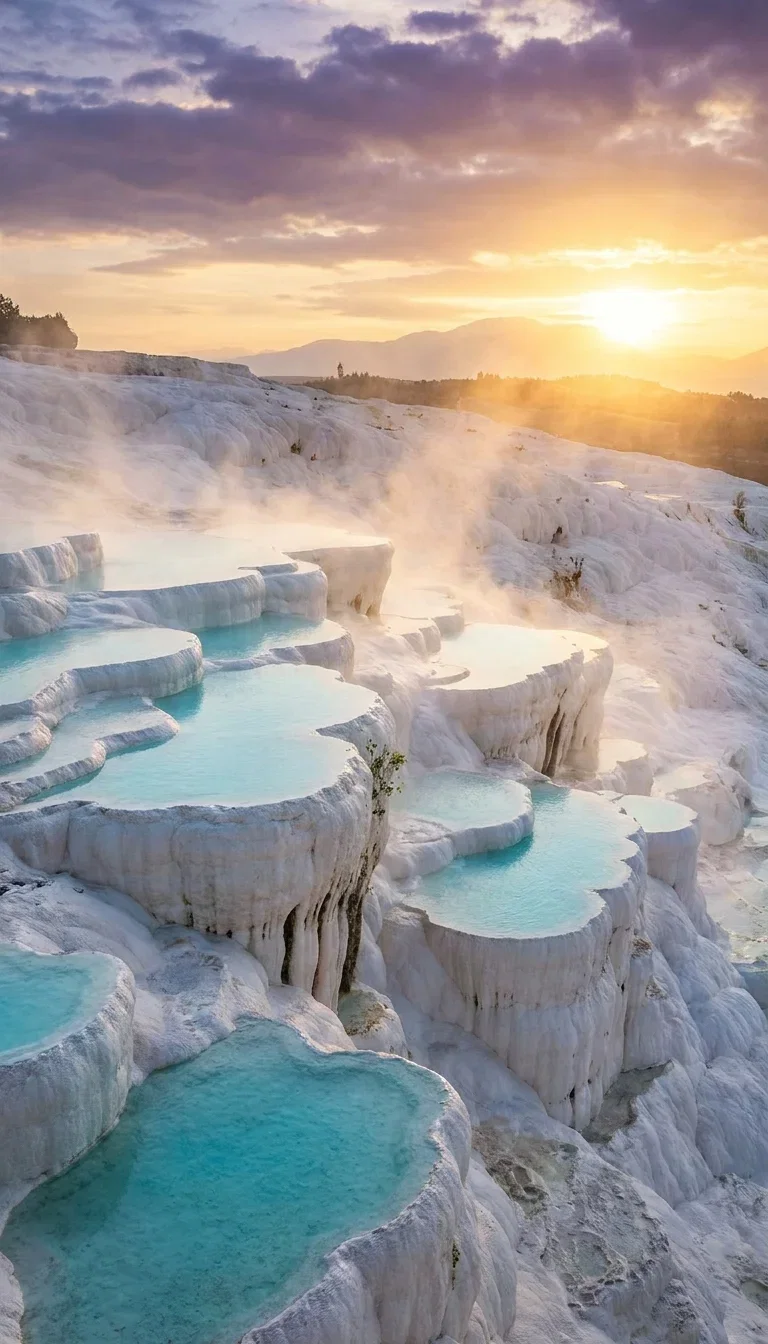 Steaming turquoise mineral terraces at dawn, an input example for the Image Describer on FluxoKit