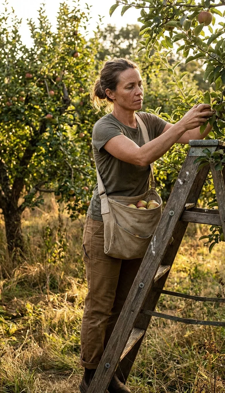 Woman on a ladder picking apples into a canvas sling, an input example for the Image Describer on FluxoKit