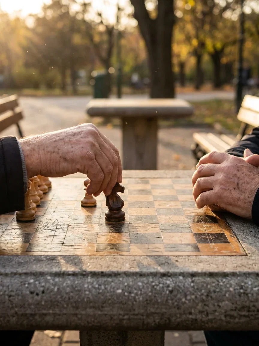 Weathered hands moving a knight on a park chessboard, an input example for the Image Describer on FluxoKit