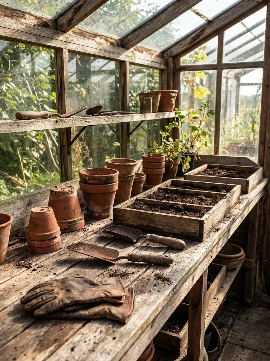 Potting bench with garden tools, pots and seed trays, an input example for the Image Describer on FluxoKit