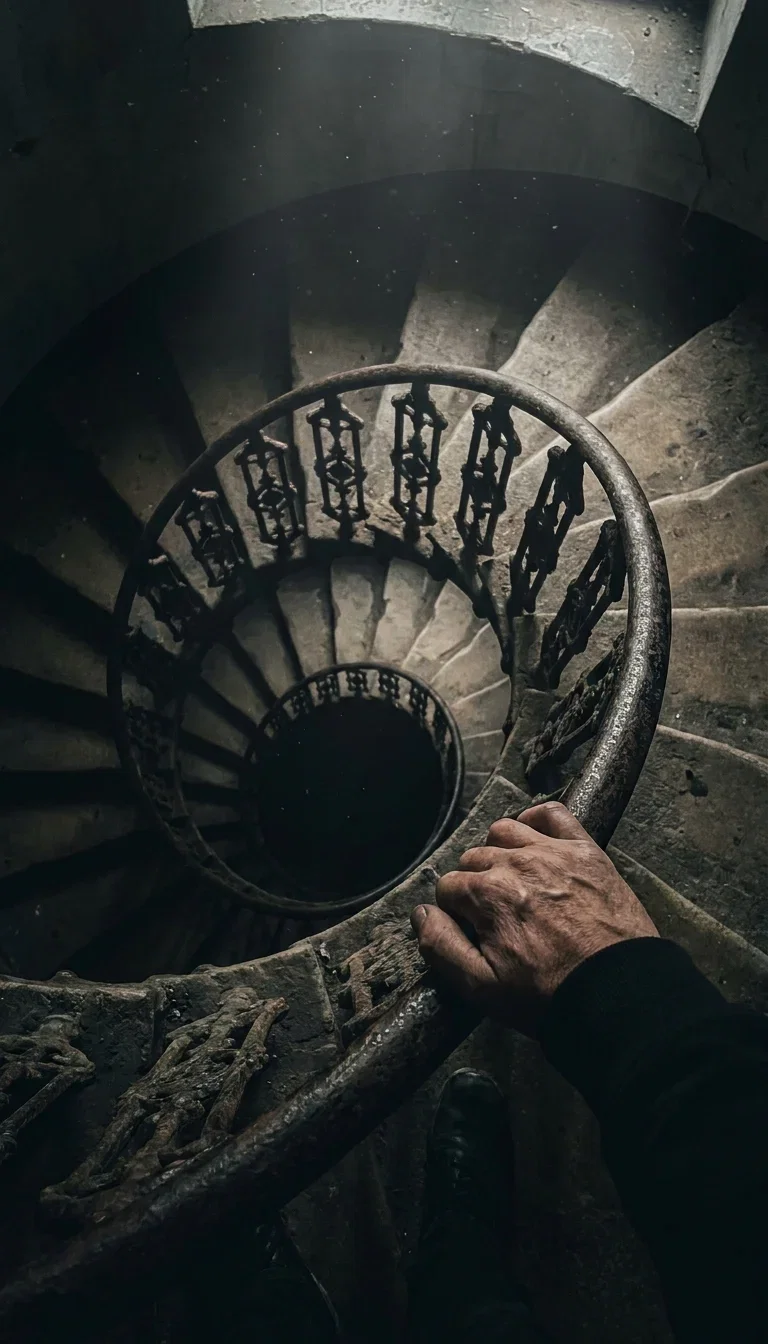 Looking down a cast-iron spiral staircase, an input example for the Image Describer on FluxoKit