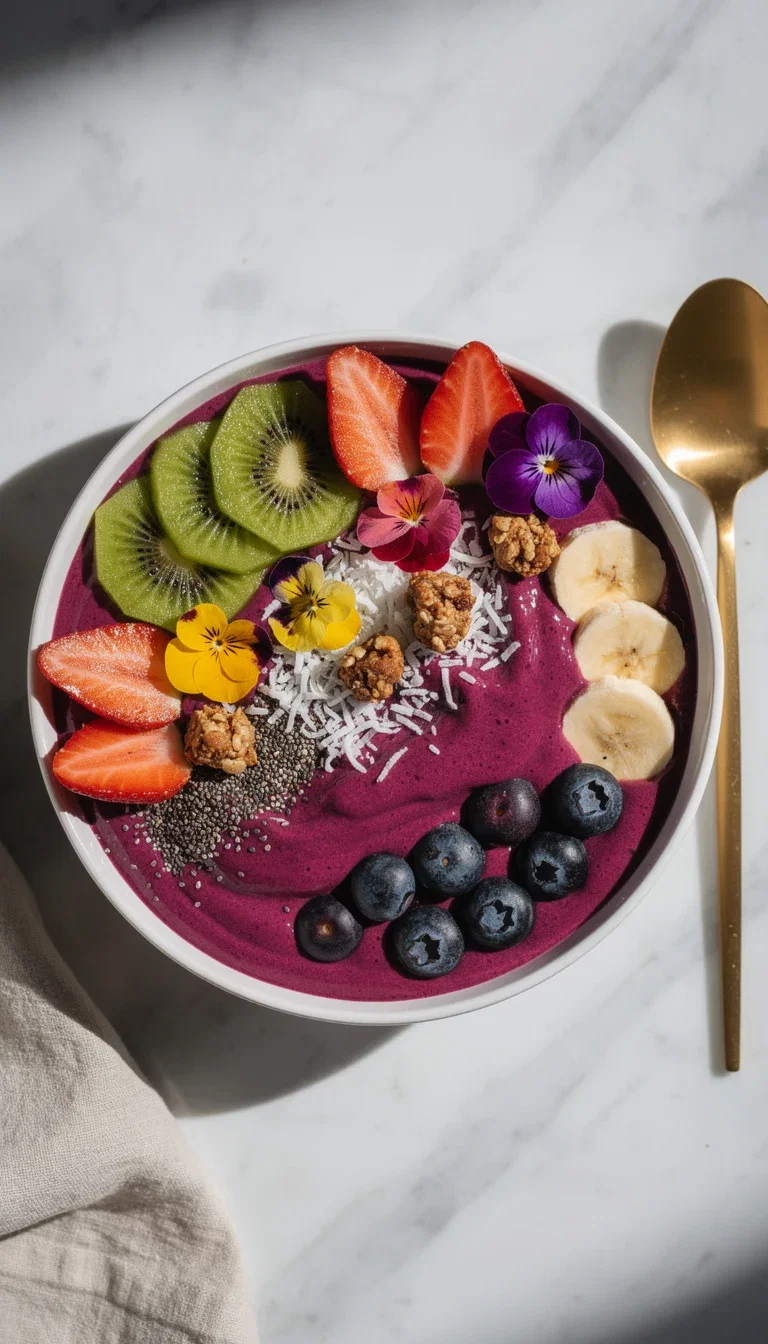 Overhead Instagram food post of a colorful smoothie bowl on marble, generated on FluxoKit