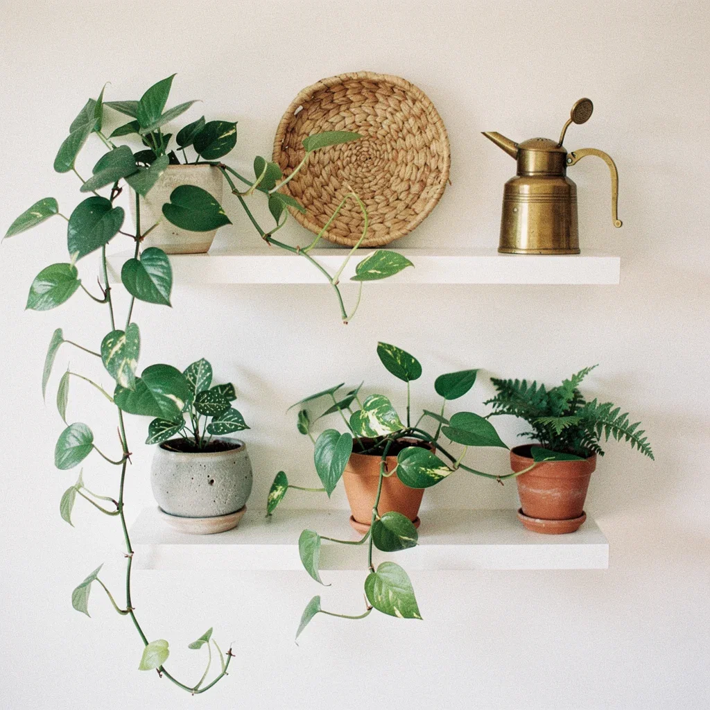 Instagram post of houseplants and a brass watering can on white shelves with a film-photo look, generated on FluxoKit