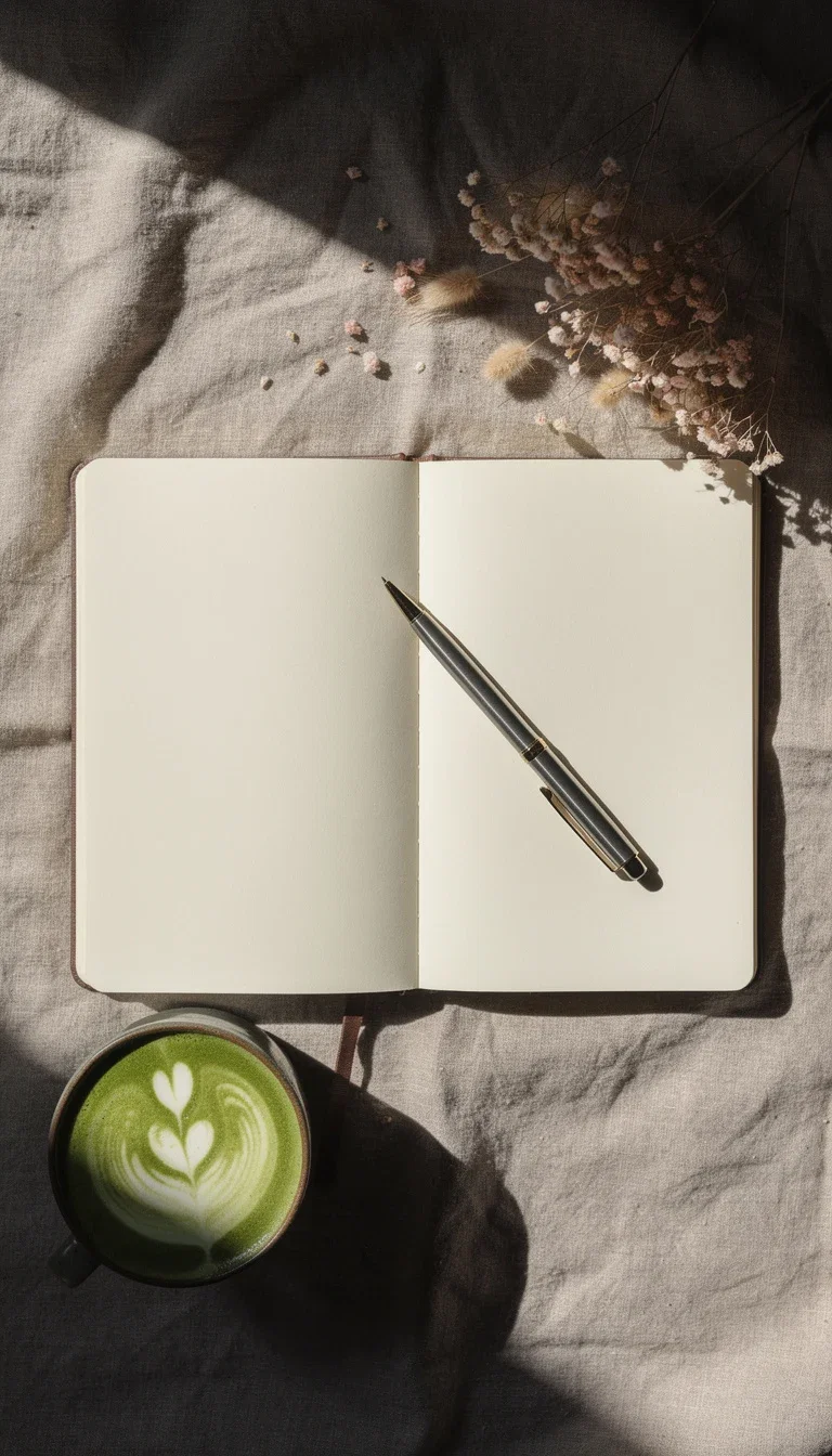 Instagram lifestyle flat-lay of a journal, matcha latte and dried flowers on linen, generated on FluxoKit