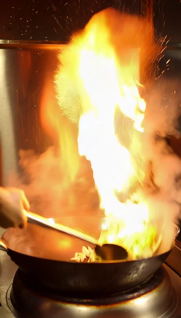 Wok flame burst beat frame from a Kling 2.6 kitchen clip on FluxoKit
