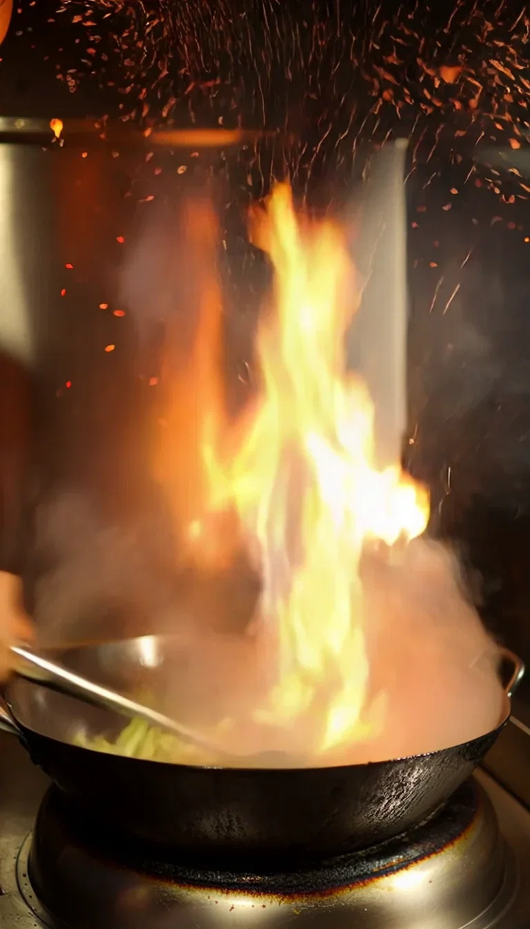 Full flame column with ember rain over the wok, beat frame from a Kling 2.6 clip on FluxoKit