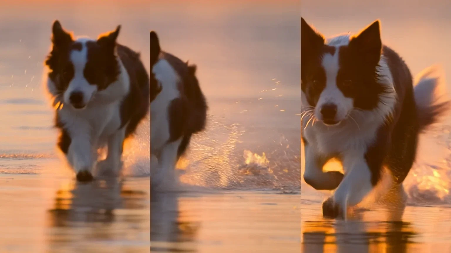 Three-beat strip of a border collie's surf sprint from one Kling 2.6 take showing launch, stride and spray, generated on FluxoKit