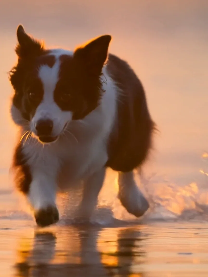 Collie at full stride reach through the shallows, beat frame from a Kling 2.6 clip on FluxoKit