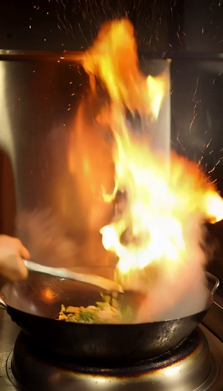 Chef tossing vegetables through a burst of wok flame with steam and embers, generated with Kling 2.6 on FluxoKit