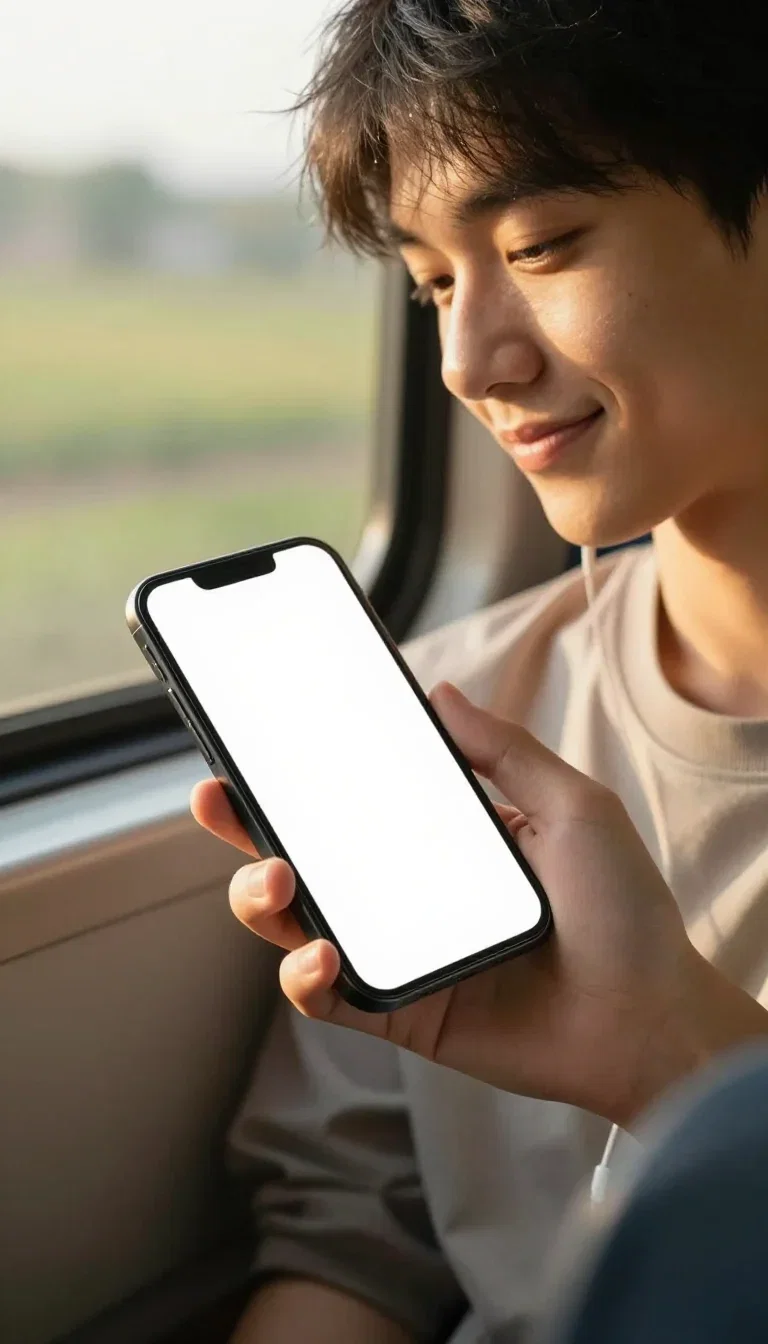 Commuter smiling at a phone with earbuds on a train, generated on FluxoKit