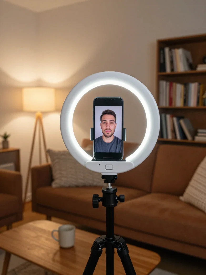 Creator filming on a phone rig with a ring light, generated on FluxoKit