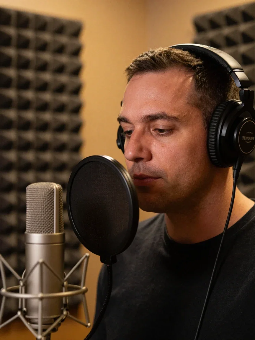 Voice actor at a studio microphone in a warm booth, generated on FluxoKit