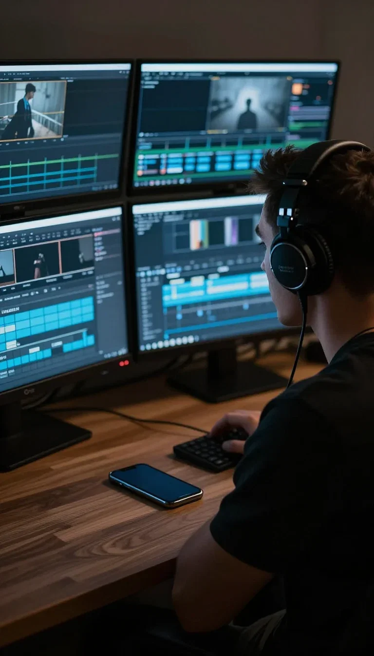 Video editor reviewing footage in timeline glow, generated on FluxoKit