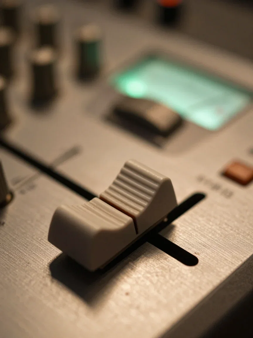 Macro of a mixing desk fader and glowing VU needle, generated on FluxoKit