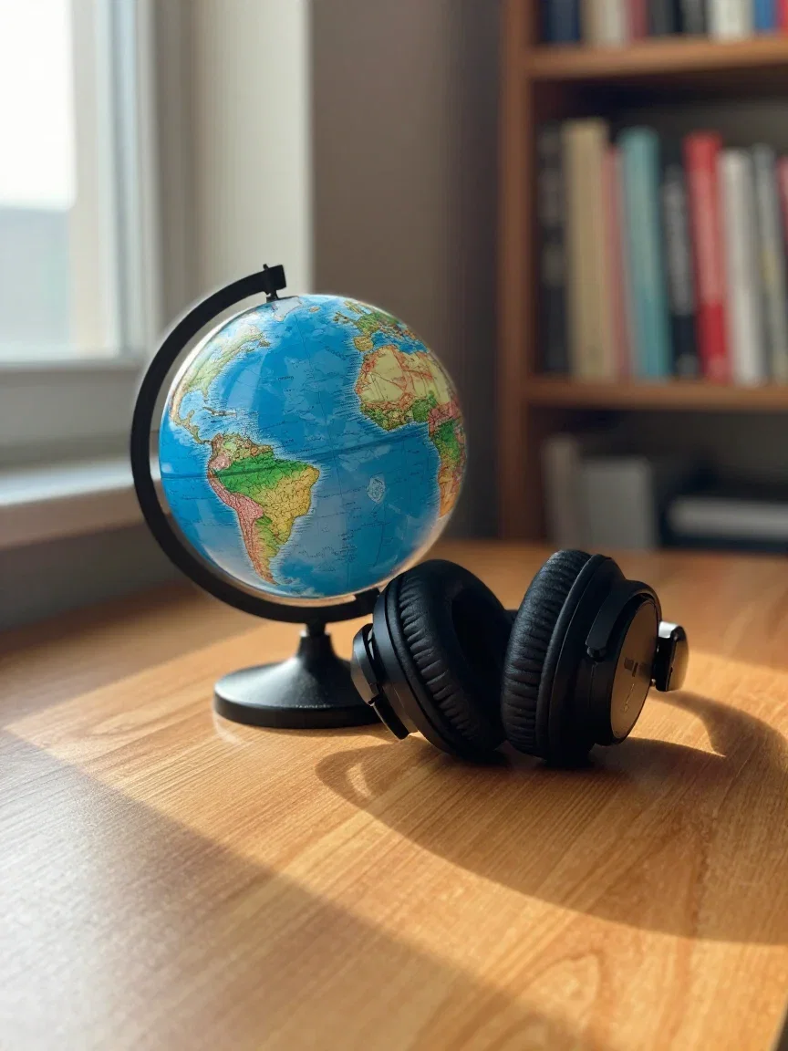 Desk globe beside studio headphones in morning light, generated on FluxoKit