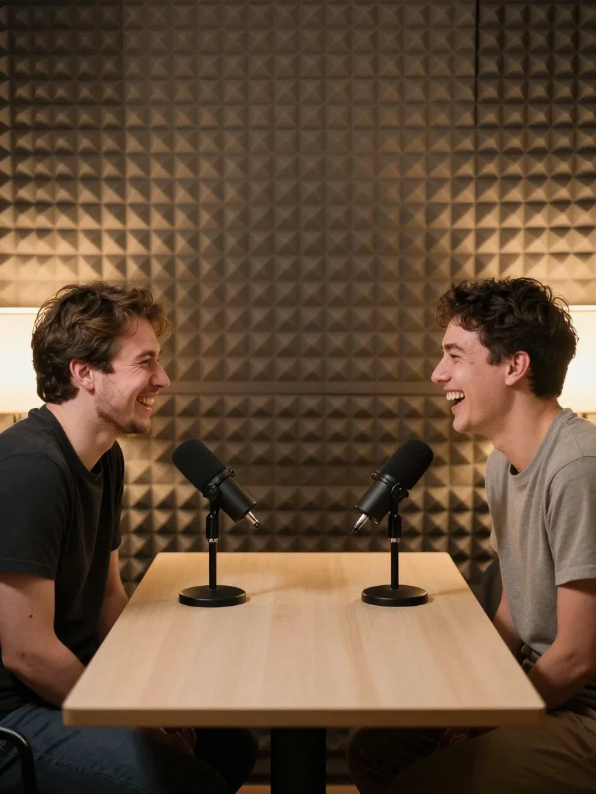Two friends laughing across a podcast table with plain microphones, generated on FluxoKit