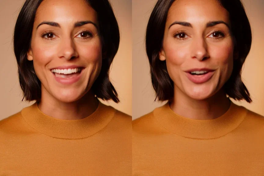 The same video frame before and after lip sync - identical face and light, different mouth shape - on FluxoKit