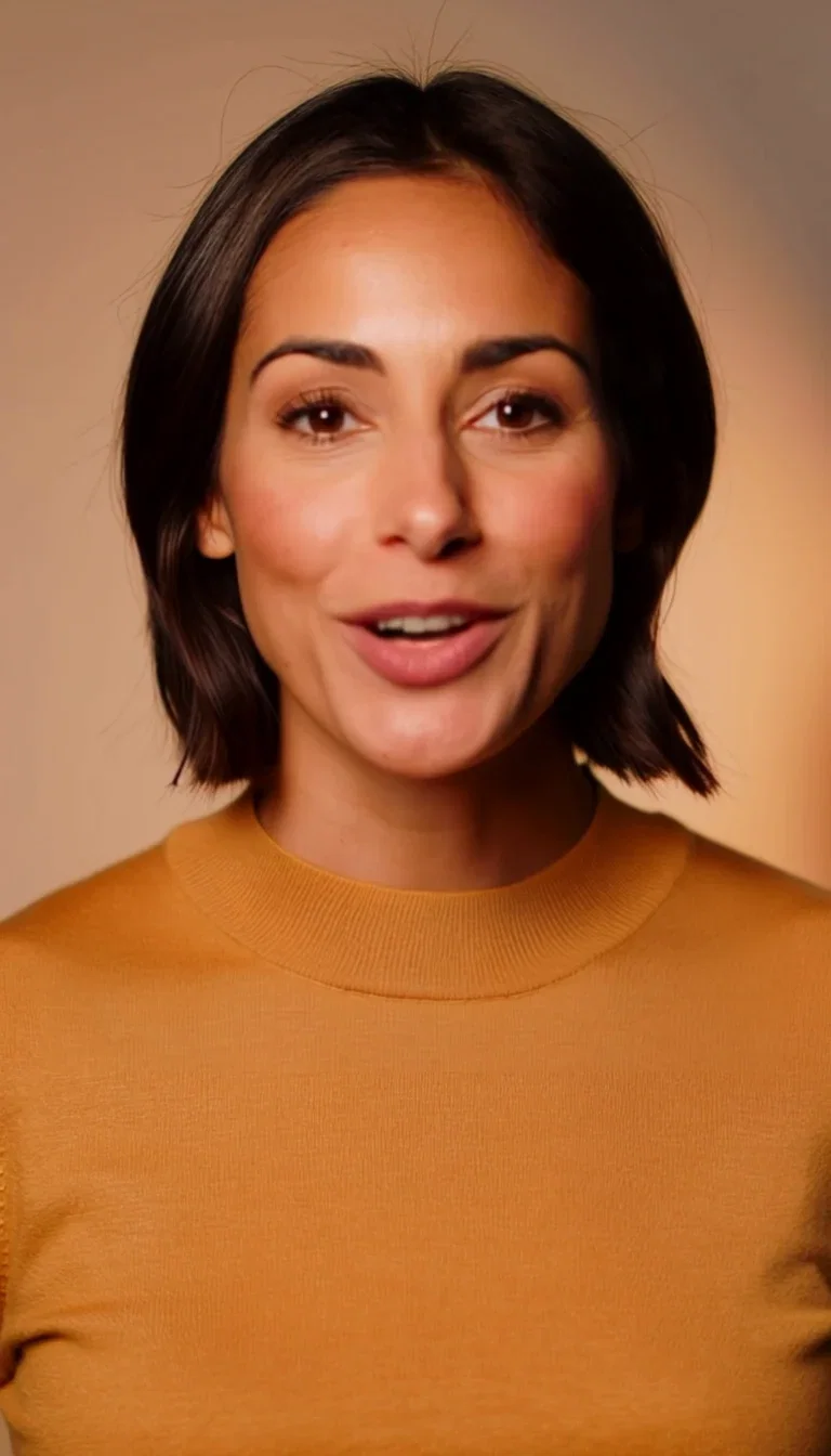 Generated presenter speaking a synthesized line she never recorded, lip-synced on FluxoKit