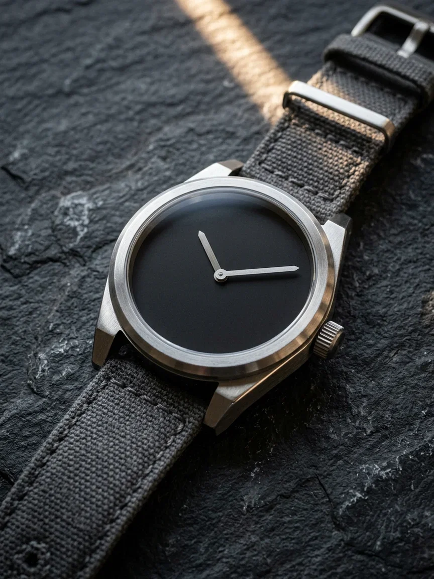 Macro shot of a minimal unbranded wristwatch on dark stone, generated with Nano Banana 2 on FluxoKit