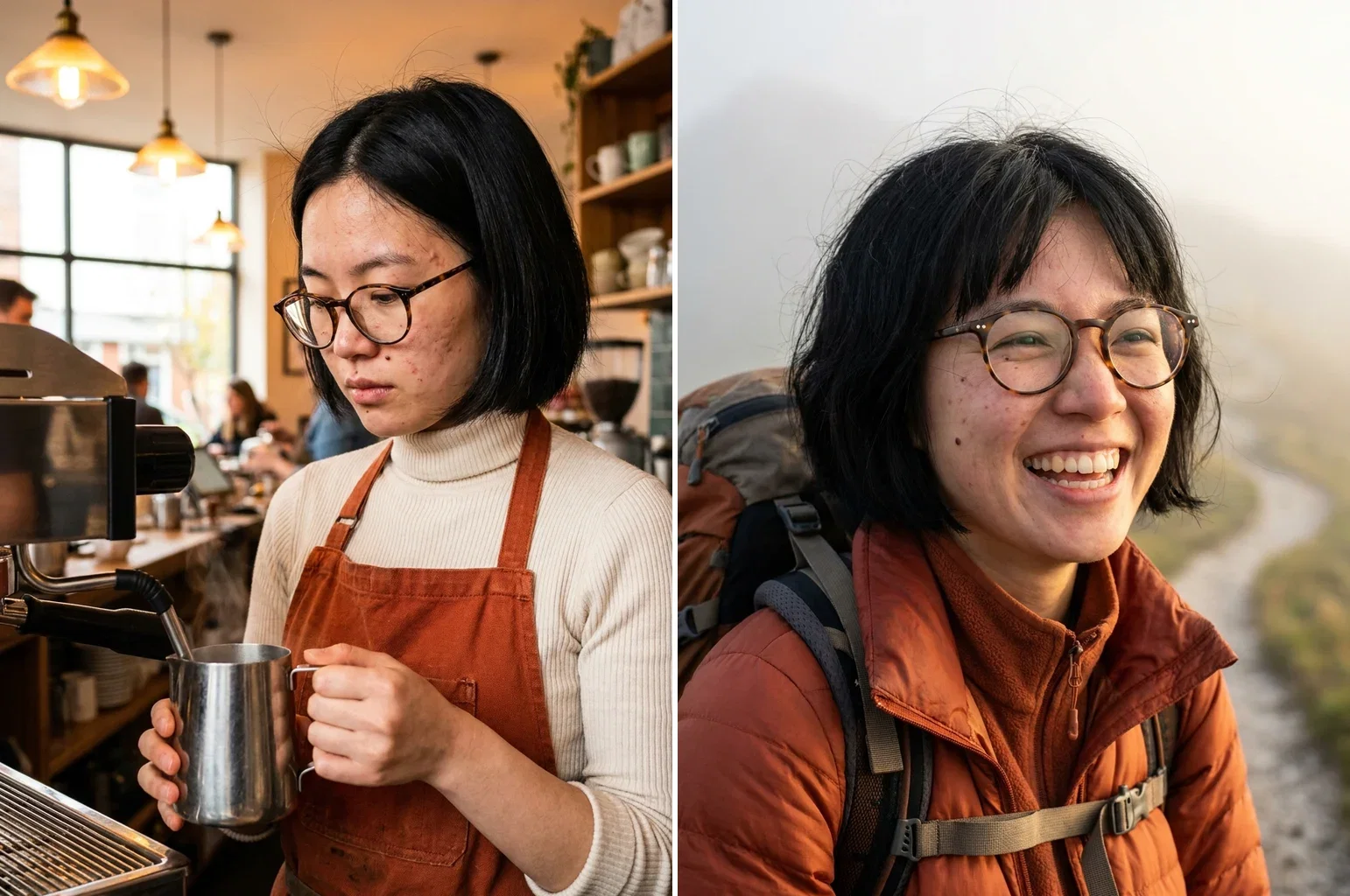 Two-panel image of the same woman as a barista and hiking at sunrise, character consistency generated with Nano Banana Pro on FluxoKit