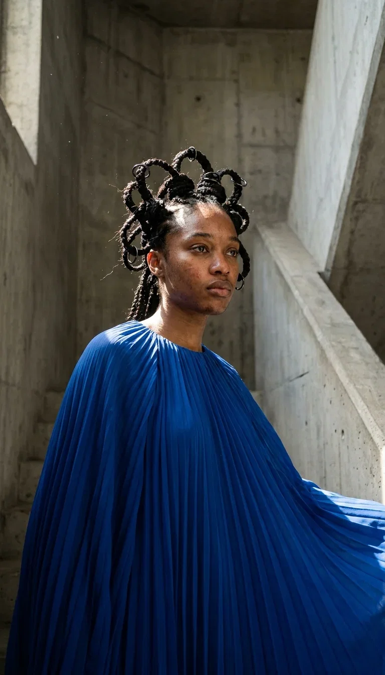 Fashion editorial of a model in a pleated cobalt gown in a concrete stairwell, generated with Nano Banana Pro on FluxoKit
