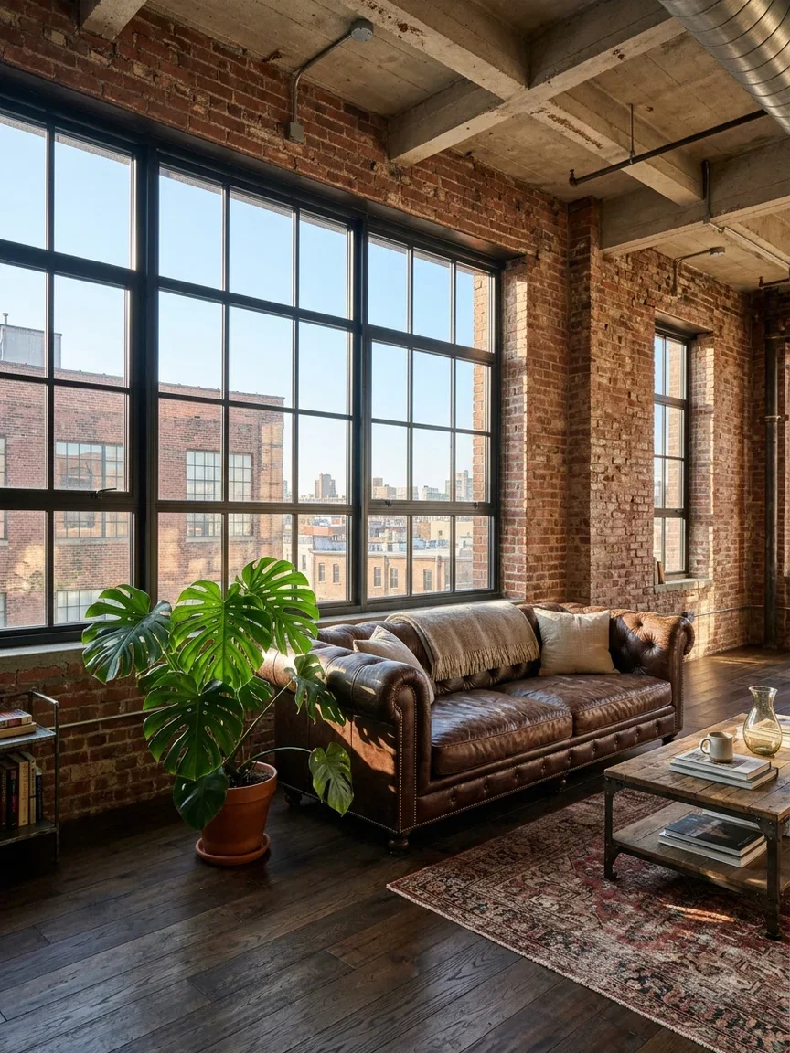 Sunlit industrial loft with exposed brick and a leather sofa, generated with Nano Banana 2 on FluxoKit