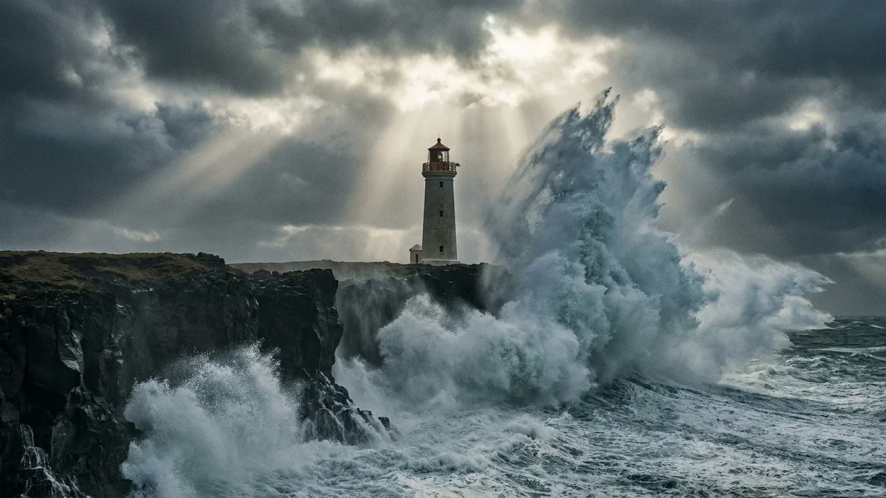 Cinematic wide shot of a lighthouse on a basalt cliff in a storm with god rays, generated with Nano Banana Pro on FluxoKit