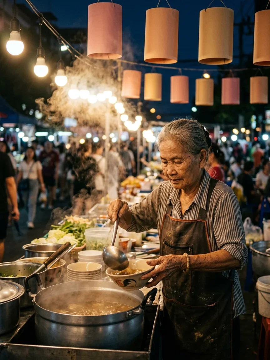 Night market vendor ladling broth under warm bulbs with steam rising, generated with Nano Banana 2 on FluxoKit