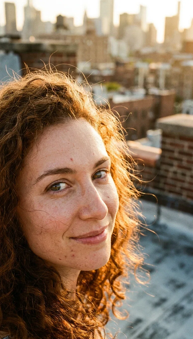 Photorealistic golden-hour rooftop portrait of a woman with curly auburn hair, generated with Nano Banana Pro on FluxoKit