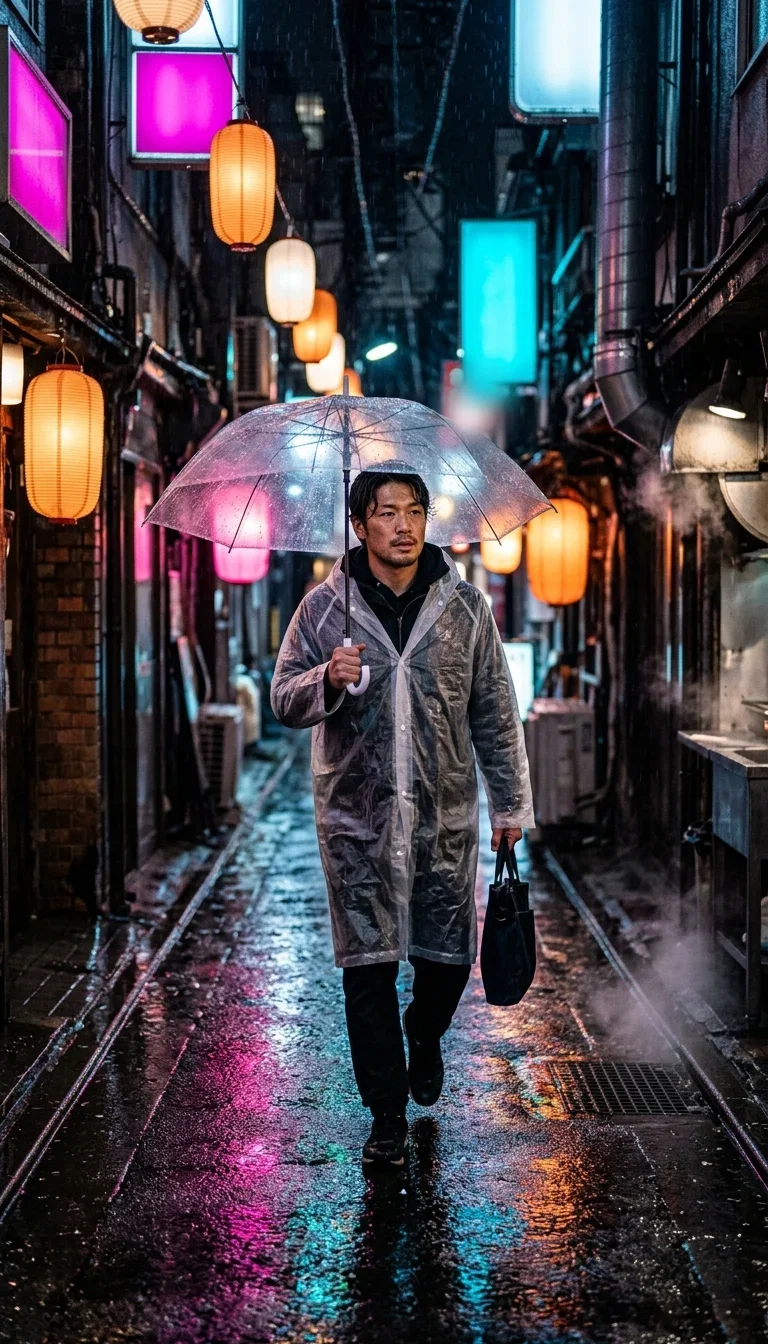Rainy neon street scene with a man under a clear umbrella, generated with Nano Banana 2 on FluxoKit