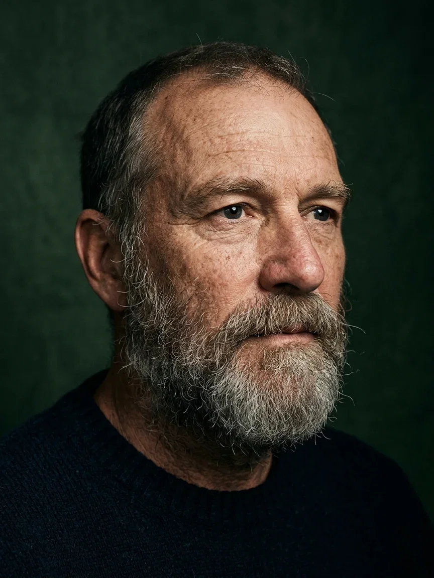 Studio portrait of a bearded man in Rembrandt lighting against deep green, generated with Nano Banana 2 on FluxoKit