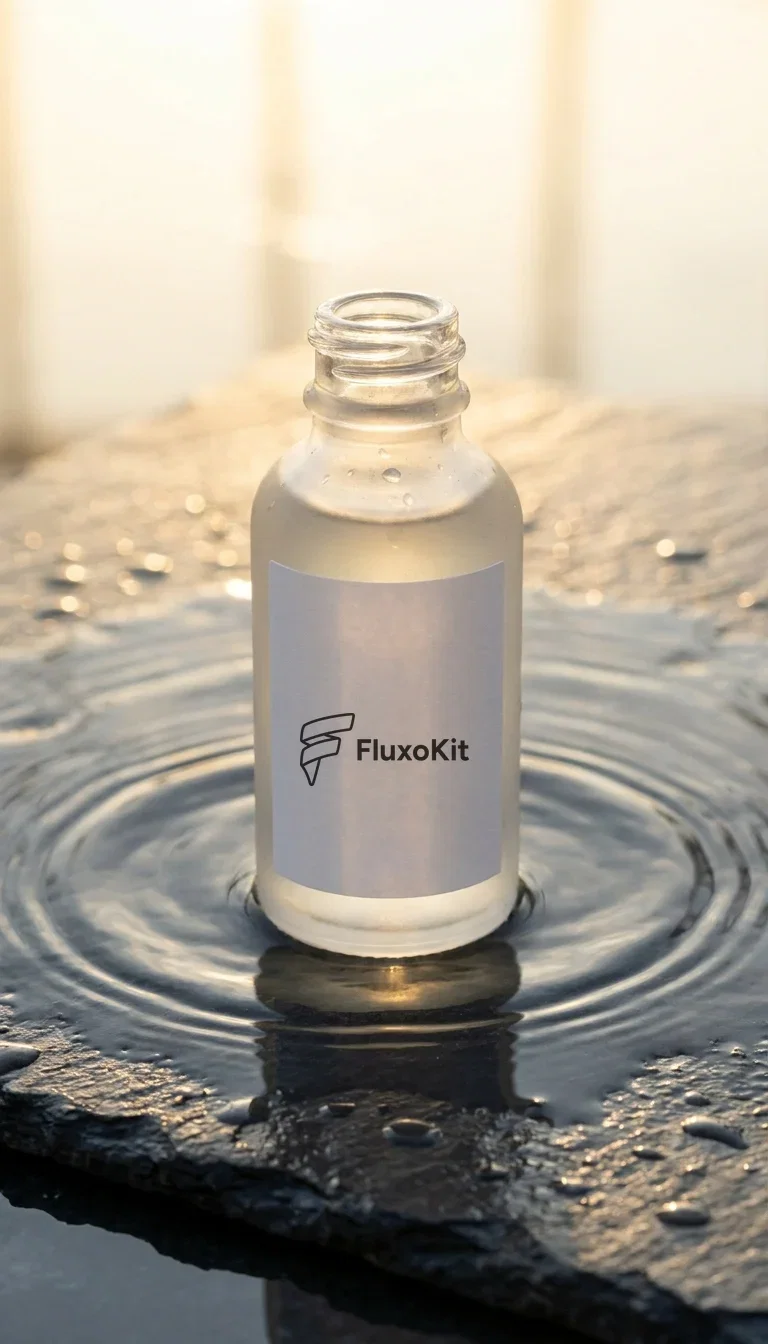 Frosted serum bottle on wet slate carrying the FluxoKit logo, product hero generated with Nano Banana Pro on FluxoKit