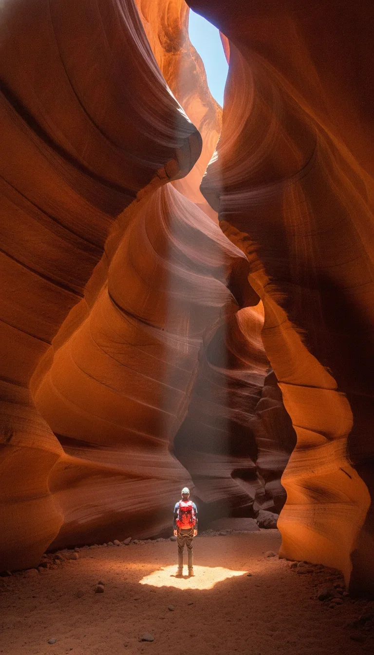 Hiker with a red backpack dwarfed by a glowing slot canyon, generated with Nano Banana on FluxoKit